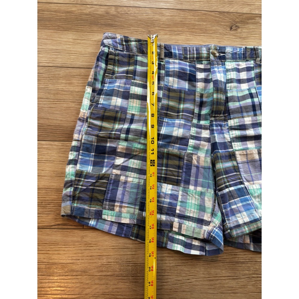 LL Bean Favorite Fit Patchwork Madras Shorts Blue Green Plaid Cotton Womens 20 - Picture 4 of 9